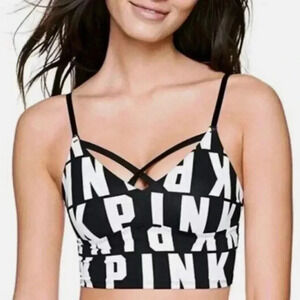 Rare Victoria’s Secret Pink Ultimate Black White Logo Unlined Sports Bra S‎